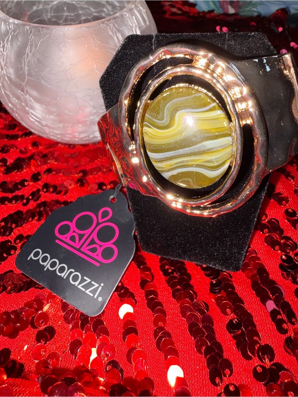 Paparazzi Gold-Tone Cuff with Olive and Cream Swirl Stone